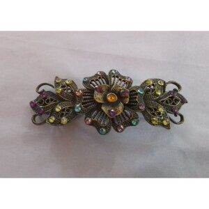 Vintage Floral Rhinestone Hair Barrette Clip Multi-Color Crystals Rhinestones